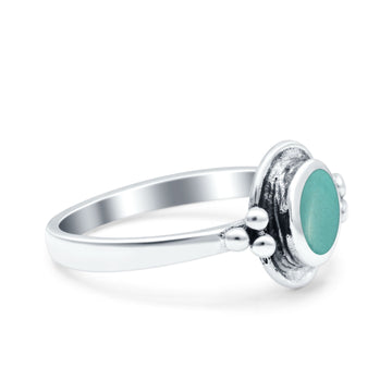 Petite Dainty Round Simulated Turquoise Solitaire Band Oxidized Braided 925 Sterling Silver